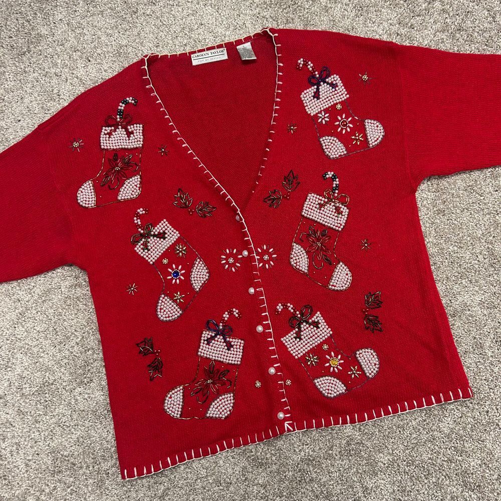 Vintage Carolyn Taylor Christmas Cardigan‎ Sweater Stockings Pearls Women Large